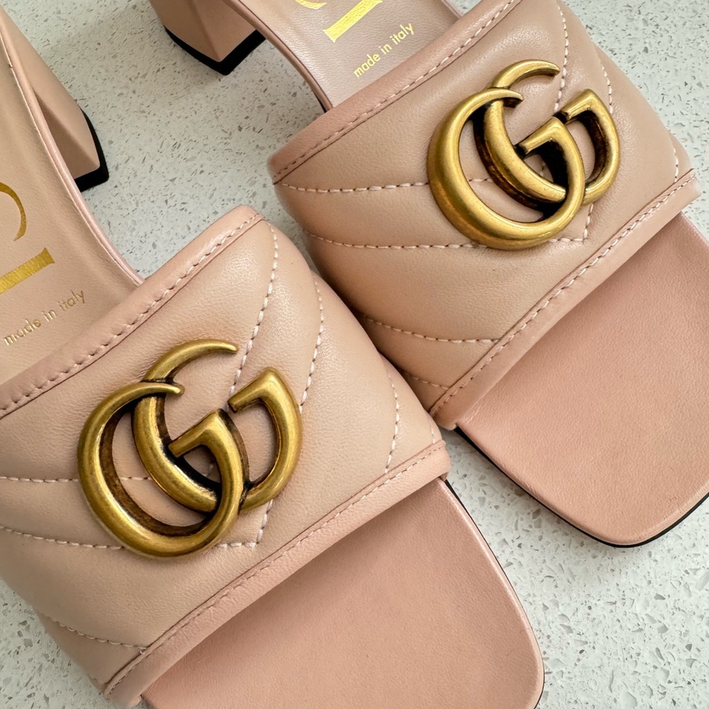Gucci GG Block Heel Quilted Leather Sandals EU 39.5 US 9.5 Nude - Picture 5 of 8